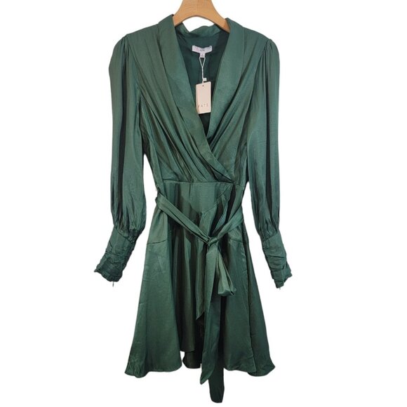 Fate V-Neck Wrap Mini Dress Holly Green Womens Size Small NEW NWT‎ - Picture 1 of 12